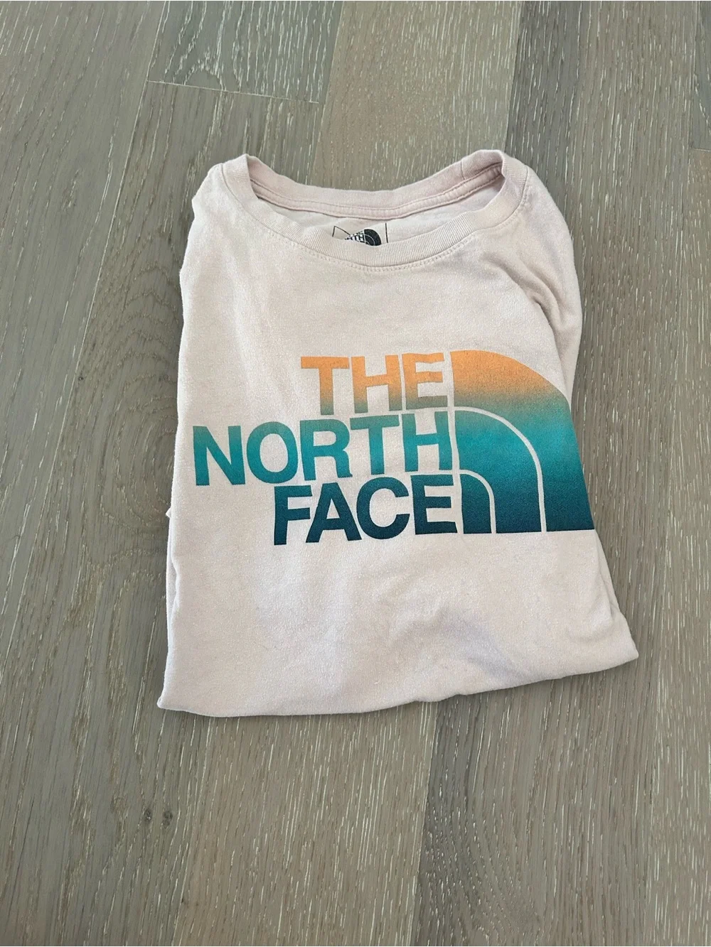 The North Face Men's Crew Tee with Teal and Orange Logo on Light Pink